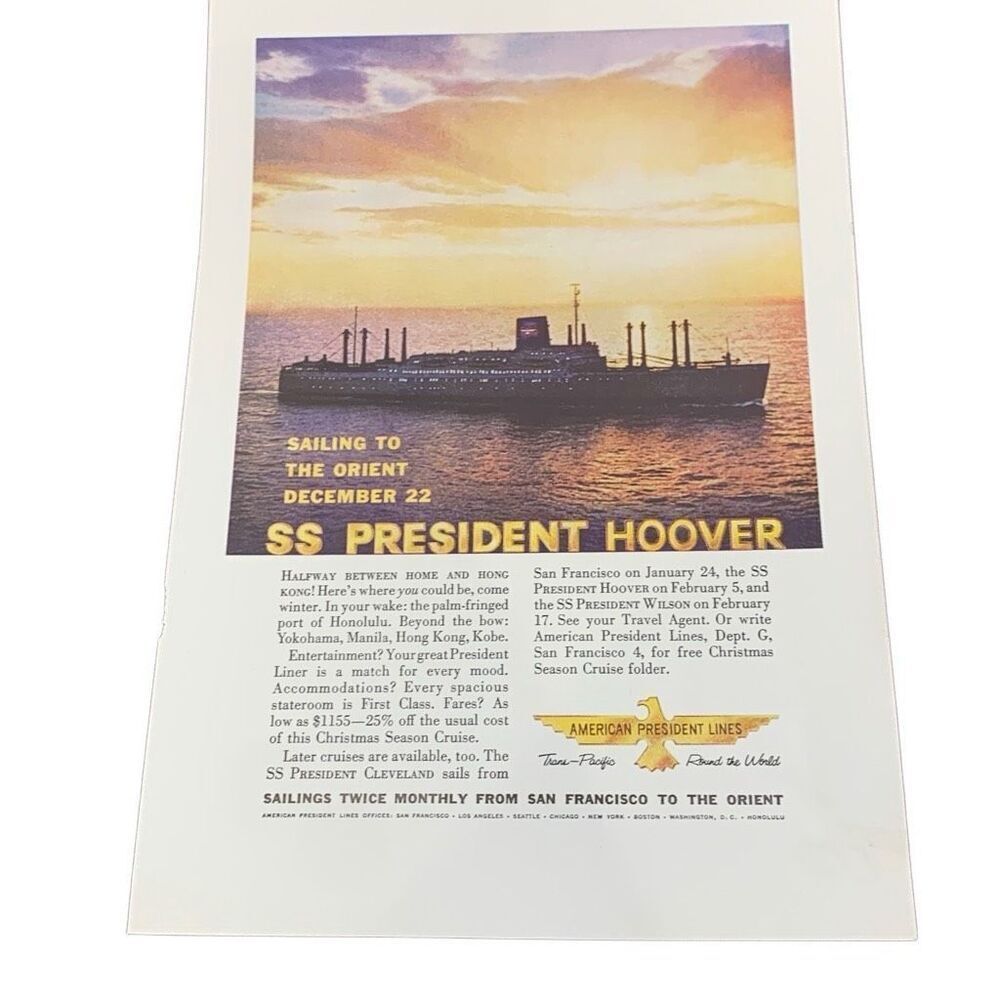 Vintage 1959 American President Lines SS President Hoover Ad Advertisement